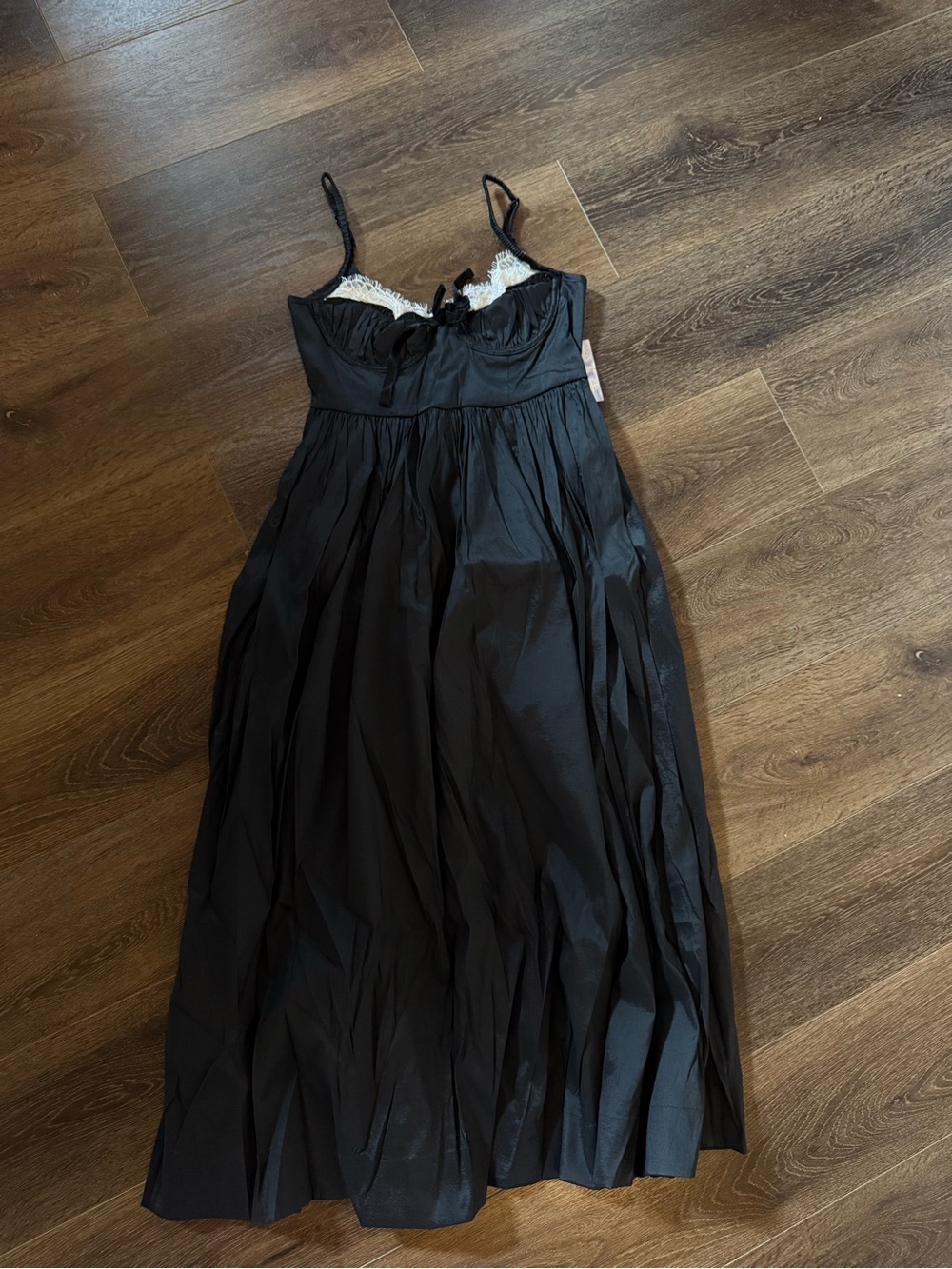 For Love and Lemons Doris Black Satin Maxi Dress with Lace Trim